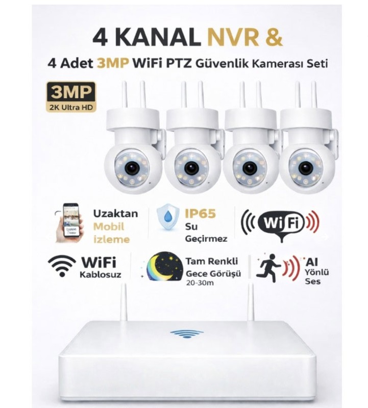 4 Kanal Nvr + 3Mp 4 Kamera Full Color Mik. PTZ Wifi Set-2